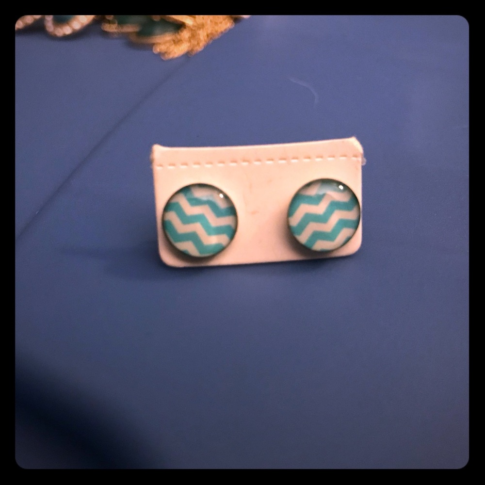 Teal & White Chevron studs